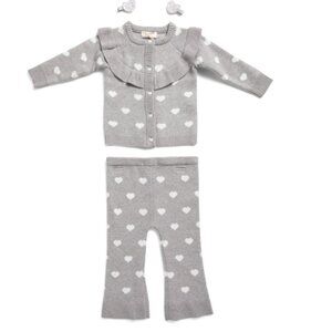 NWT BTWEEN Girl 2pc Knit Ruffle Heart Cardigan and Flare Pants Set w Hair Clip